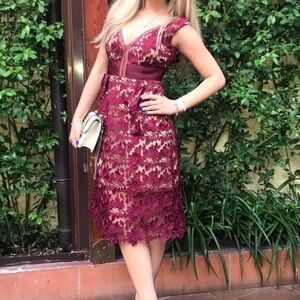 SELF-PORTRAIT BURGUNDY GUIPURE LACE PLUNGE NECK DRESS